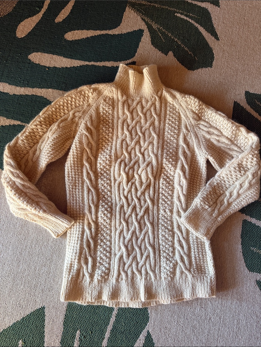 Vintage Cream Cable Hand Knit Turtleneck Wool Sweater
